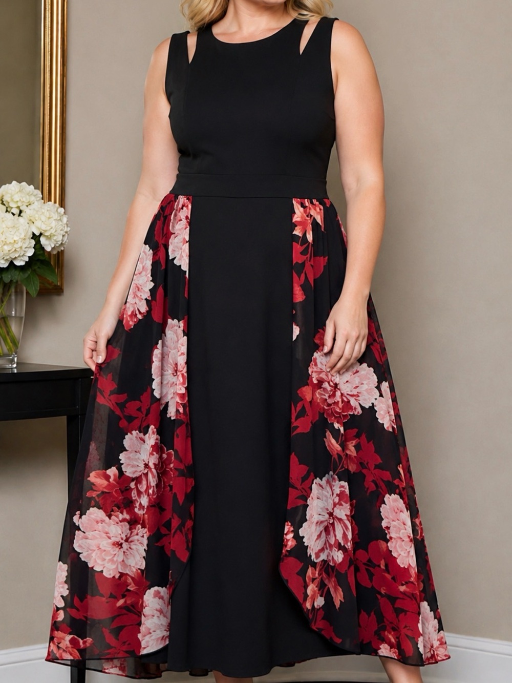 Garden  party Enfocus Studio Black Jumpsuit with Red & Pink Floral Panels
